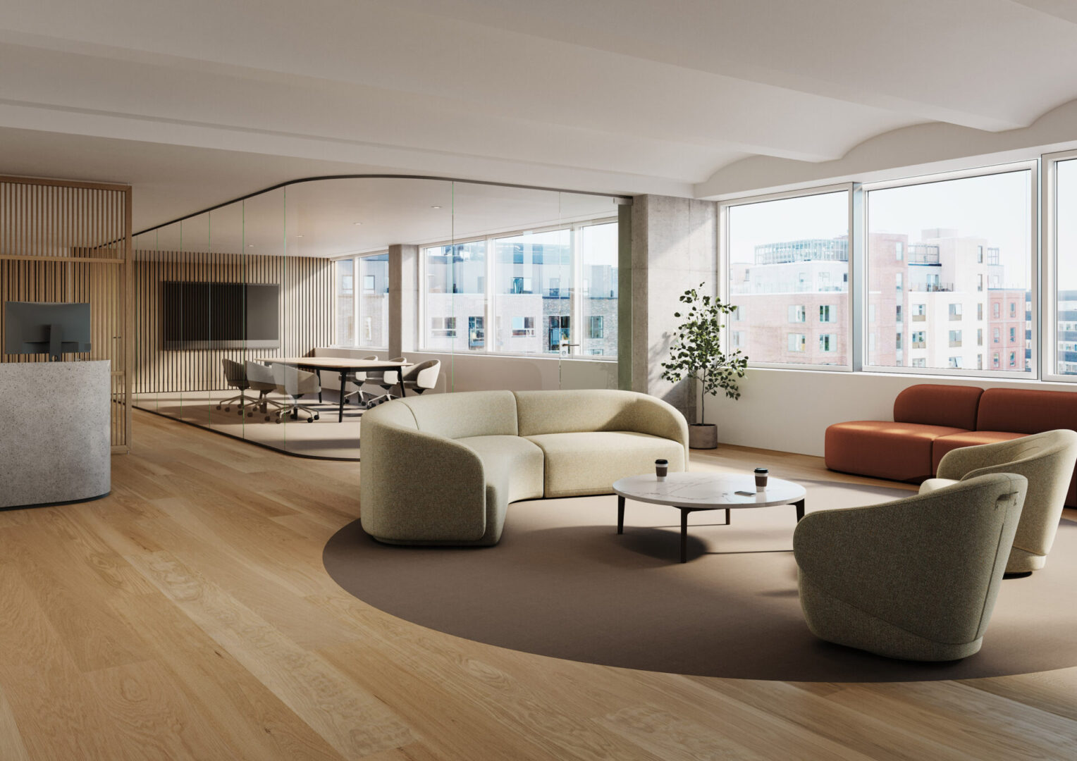 Modern living room with curved sofa and large windows.