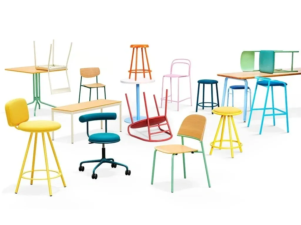 A variety of colorful chairs arranged on a white background.